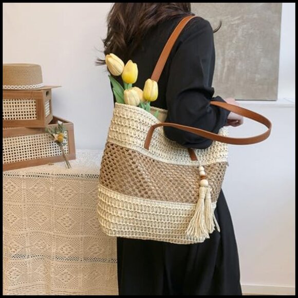 Straw Tote Handbag Handwoven Shoulder Bag Beach Summer Tassels Large Capacity - Picture 6 of 7